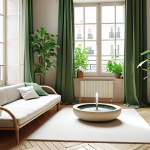 **Prompt:** A bright, modern Parisian apartment interior featuring large windows maximizing natural light, lush green plants, and a minimalist meditation corner with soft cushions and a small indoor fountain. The color palette is soft and calming.