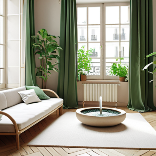 Home 11 **Prompt:** A bright, modern Parisian apartment interior featuring large windows maximizing natural light, lush green plants, and a minimalist meditation corner with soft cushions and a small indoor fountain. The color palette is soft and calming.