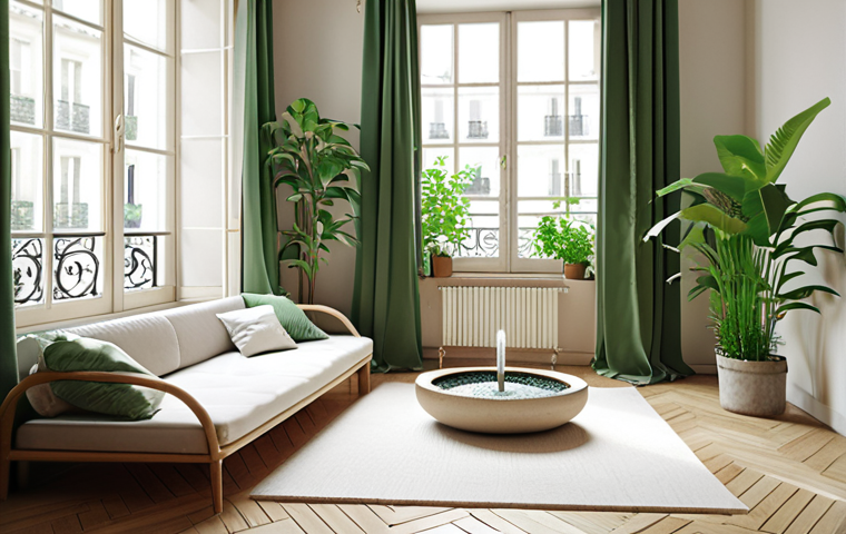 **Prompt:** A bright, modern Parisian apartment interior featuring large windows maximizing natural light, lush green plants, and a minimalist meditation corner with soft cushions and a small indoor fountain. The color palette is soft and calming.