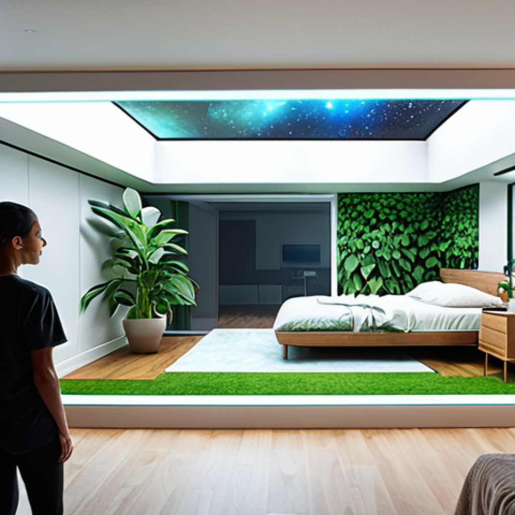 An interior designer and a client collaboratively viewing a holographic projection of a future living space. The projected interior is bright, minimalist, and serene, featuring abundant natural light, integrated biophilic elements like lush indoor plants, and subtly embedded smart home technology promoting wellness. Emphasize innovative, client-centric design.