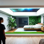 An interior designer and a client collaboratively viewing a holographic projection of a future living space. The projected interior is bright, minimalist, and serene, featuring abundant natural light, integrated biophilic elements like lush indoor plants, and subtly embedded smart home technology promoting wellness. Emphasize innovative, client-centric design.