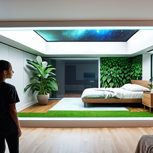 Home 6 An interior designer and a client collaboratively viewing a holographic projection of a future living space. The projected interior is bright, minimalist, and serene, featuring abundant natural light, integrated biophilic elements like lush indoor plants, and subtly embedded smart home technology promoting wellness. Emphasize innovative, client-centric design.