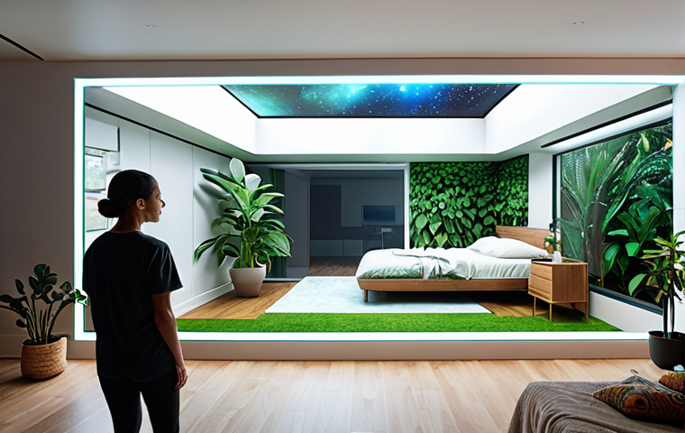 An interior designer and a client collaboratively viewing a holographic projection of a future living space. The projected interior is bright, minimalist, and serene, featuring abundant natural light, integrated biophilic elements like lush indoor plants, and subtly embedded smart home technology promoting wellness. Emphasize innovative, client-centric design.