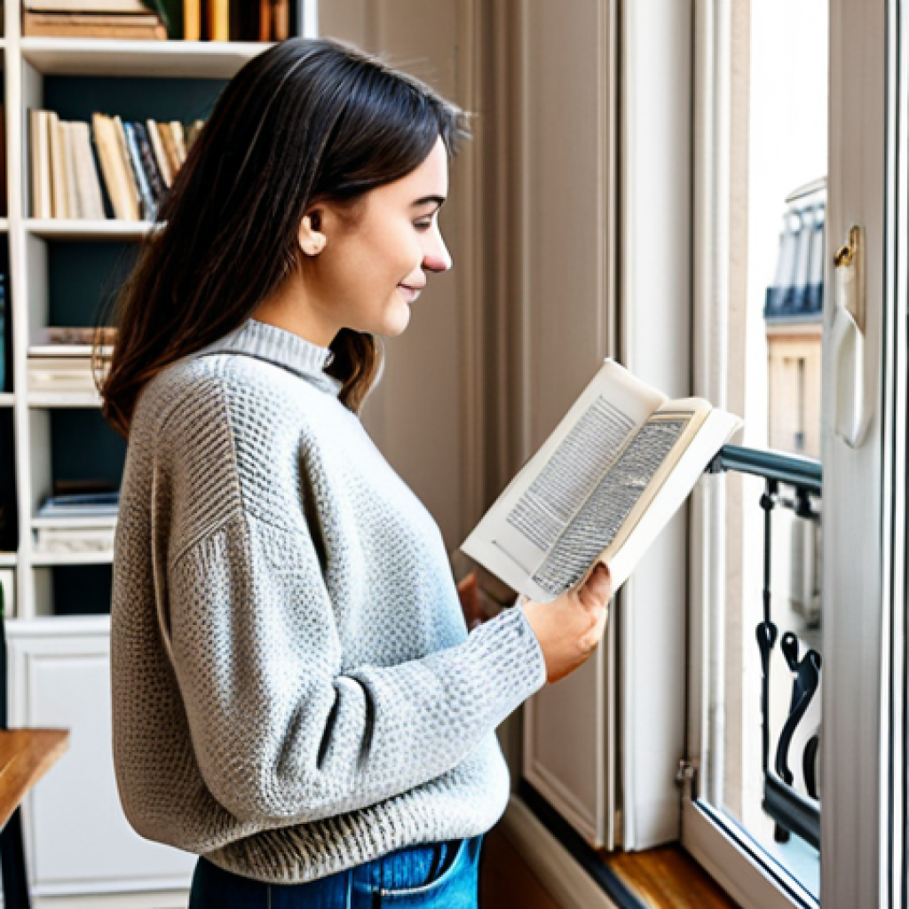Cozy Parisian Apartment**

A bright and airy Parisian apartment interior, featuring a minimalist design with warm wood accents, comfortable textures, and lots of natural light. A small balcony overlooks a classic Parisian street. There are indoor plants and a bookshelf in the background. The person in the image is a woman wearing a stylish but modest sweater and jeans, reading a book. Safe for work, appropriate content, fully clothed, family-friendly, professional photography, perfect anatomy, correct proportions, natural pose, well-formed hands, proper finger count, natural body proportions.

**