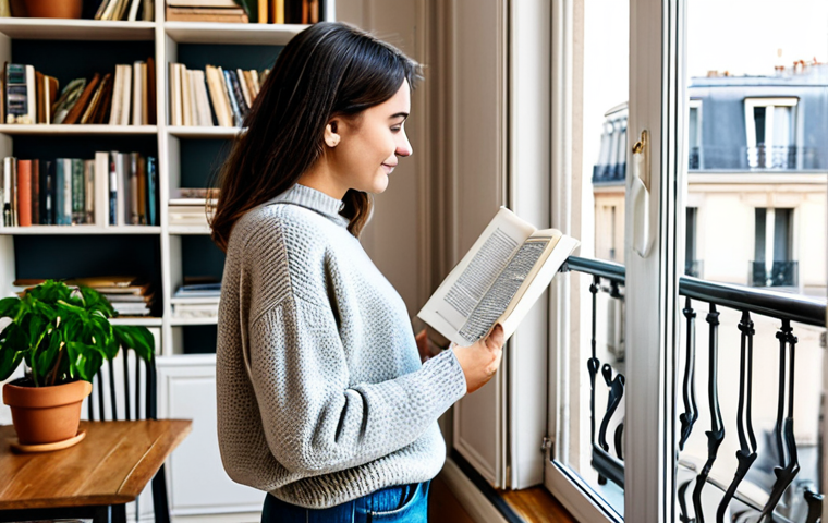Cozy Parisian Apartment**
A bright and airy Parisian apartment interior, featuring a minimalist design with warm wood accents, comfortable textures, and lots of natural light. A small balcony overlooks a classic Parisian street. There are indoor plants and a bookshelf in the background. The person in the image is a woman wearing a stylish but modest sweater and jeans, reading a book. Safe for work, appropriate content, fully clothed, family-friendly, professional photography, perfect anatomy, correct proportions, natural pose, well-formed hands, proper finger count, natural body proportions.
**
