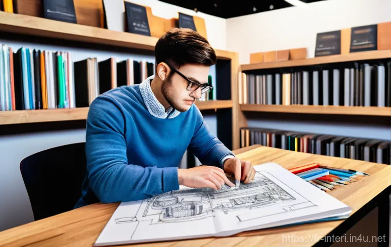 실내건축 실기 시험 준비를 위한 주요 자료 - **Prompt 1: "A highly focused interior design student at their modern desk, surrounded by both digit...