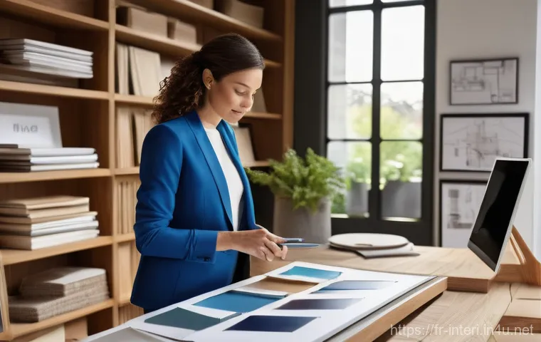 실내건축기사 자격증 취득 후 후기 모음 - **Prompt: A focused female interior designer in her late 30s, professionally dressed in a chic, tail...