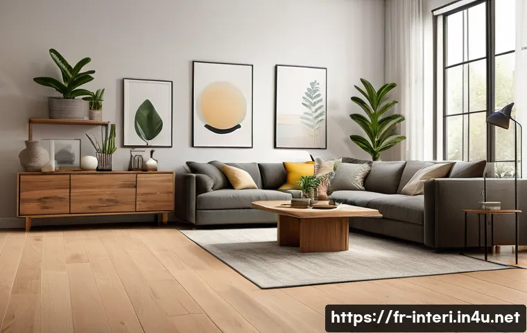 실내건축 실무 필수 지식 - A warm and inviting interior design scene showcasing a living room with natural solid wood flooring ...