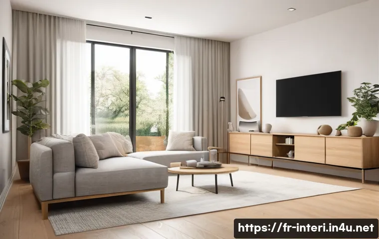 실내건축 프로젝트 프레젠테이션 준비 - A professional interior design presentation setting showing a modern living room with a minimalist s...