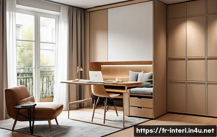 실내건축 실습에서 강조해야 할 사항들 - A modern, multifunctional small apartment interior designed for a French urban dweller, featuring a ...