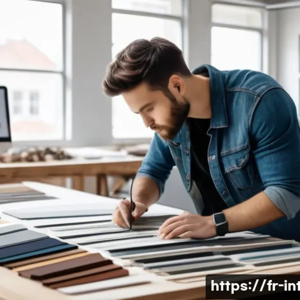 실내건축 실기 시험의 준비 과정 - A bright and organized interior design studio workspace, featuring a young French architecture stude...