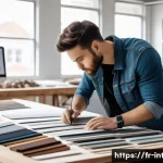 실내건축 실기 시험의 준비 과정 - A bright and organized interior design studio workspace, featuring a young French architecture stude...