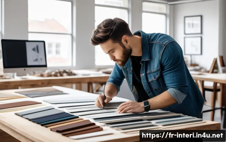 실내건축 실기 시험의 준비 과정 - A bright and organized interior design studio workspace, featuring a young French architecture stude...