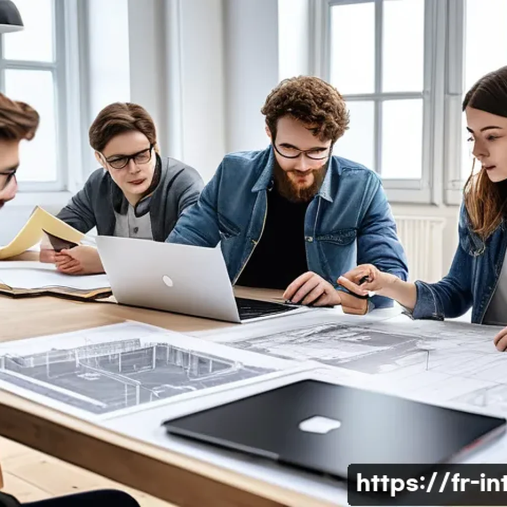 실내건축기사 시험을 준비하는 사회 초년생 - A modern interior architecture studio scene showing a diverse group of young French architecture stu...