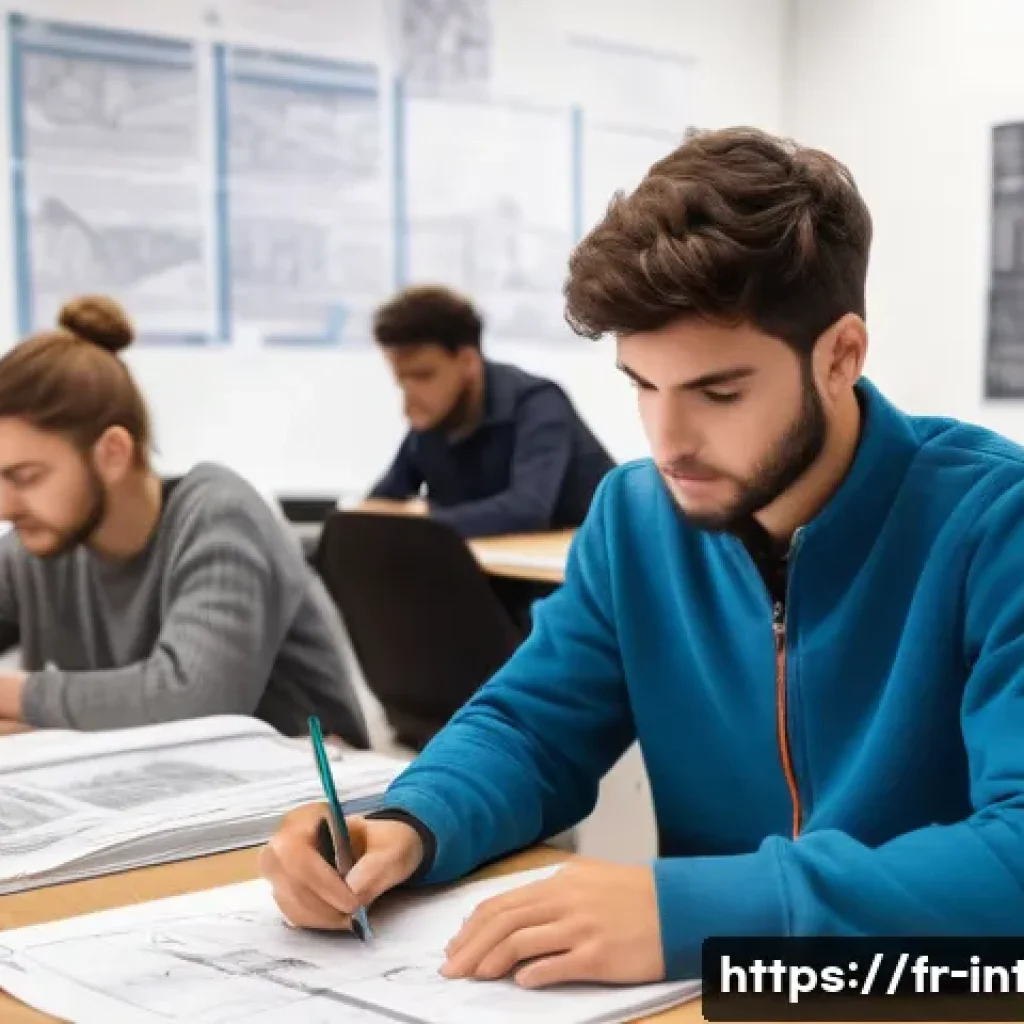 실내건축기사 필기와 실기 차이점 - A detailed scene of a French vocational training classroom focused on interior construction theory: ...