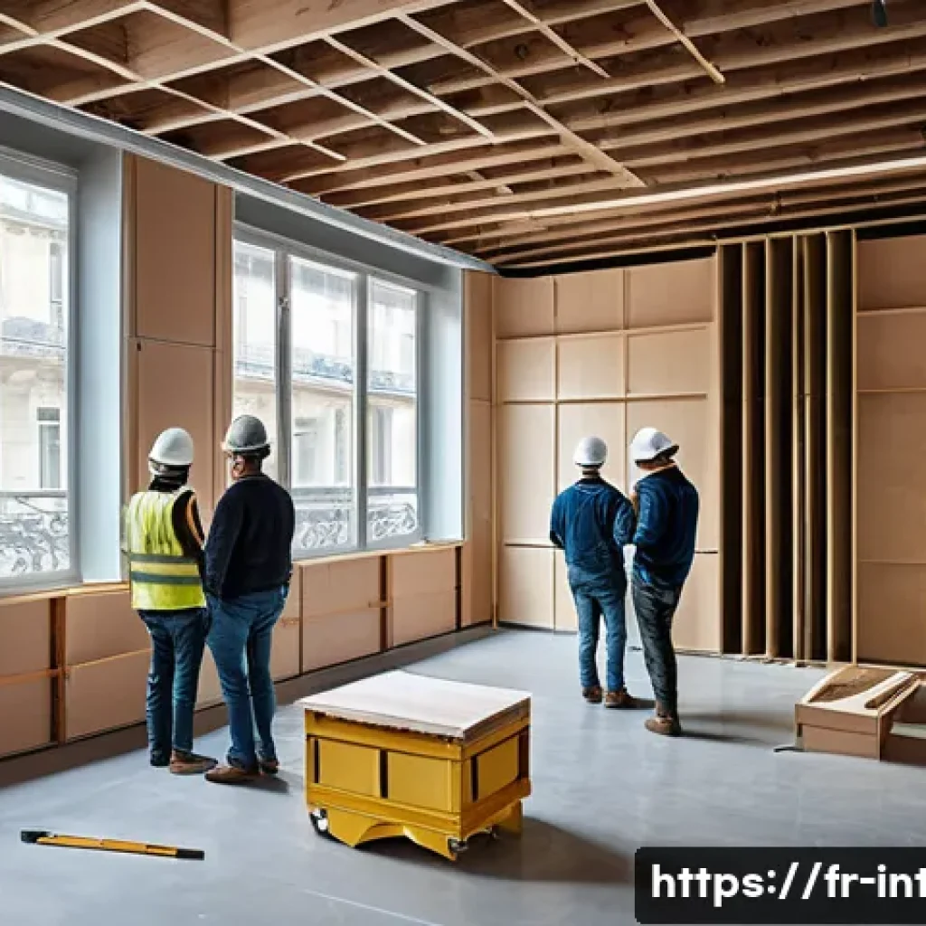 실내건축 현장 실습에서 주의해야 할 점 - A detailed interior construction site scene showing diverse professional teams including electrician...