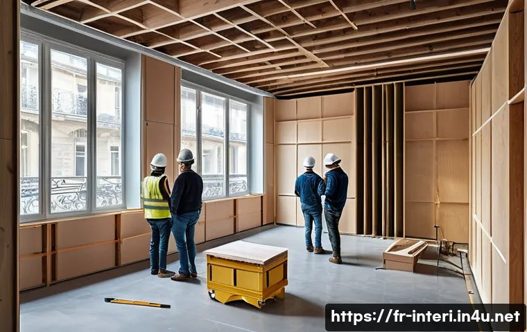 실내건축 현장 실습에서 주의해야 할 점 - A detailed interior construction site scene showing diverse professional teams including electrician...