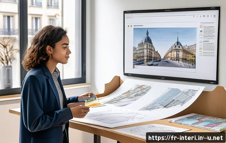 실내건축 실기 시험의 합격 전략 - An interior architecture student presenting a detailed project board in a modern Parisian studio, fe...