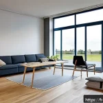 Home 18 실내건축 필수 법규와 규정 - A modern French residential interior emphasizing fire safety compliance: spacious living room with f...