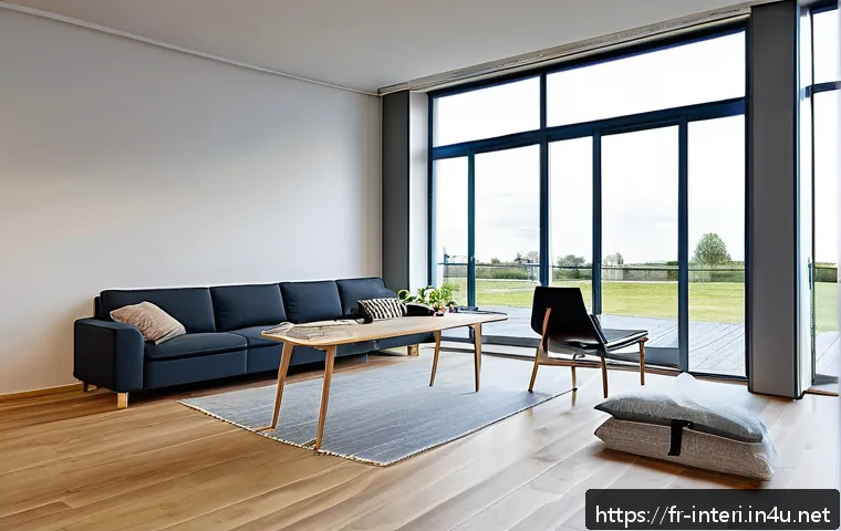 실내건축 필수 법규와 규정 - A modern French residential interior emphasizing fire safety compliance: spacious living room with f...