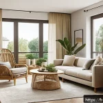 Home 23 실내건축에서 최신 트렌드 반영법 - A modern living room interior featuring natural materials: light oak solid wood furniture, wicker ba...