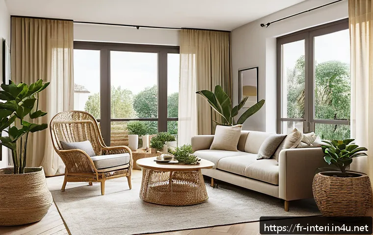 실내건축에서 최신 트렌드 반영법 - A modern living room interior featuring natural materials: light oak solid wood furniture, wicker ba...
