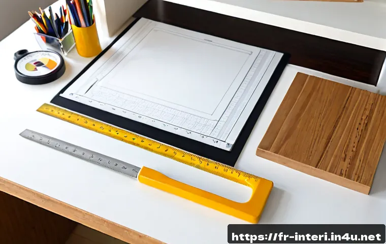 실내건축 실습에서 필요한 준비물 - Photorealistic overhead view of a neatly organized interior architecture student workspace in a brig...