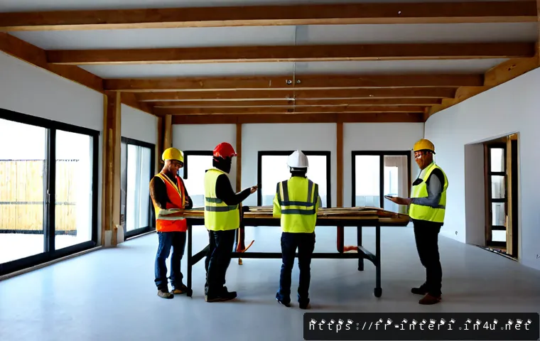 실내건축 현장에서의 커뮤니케이션 방법 - Photorealistic interior architecture construction site in France, diverse team of architect, site su...