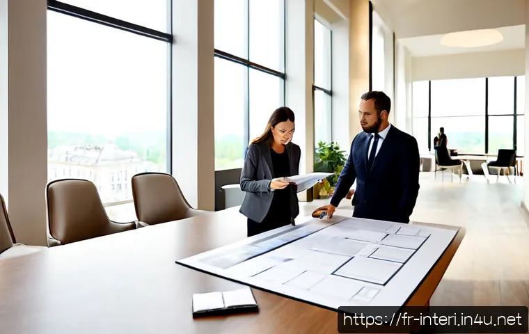 실내건축기사 자격증으로 가능한 해외 취업 - Photorealistic interior architect from France reviewing a detailed modern hotel lobby model with an ...